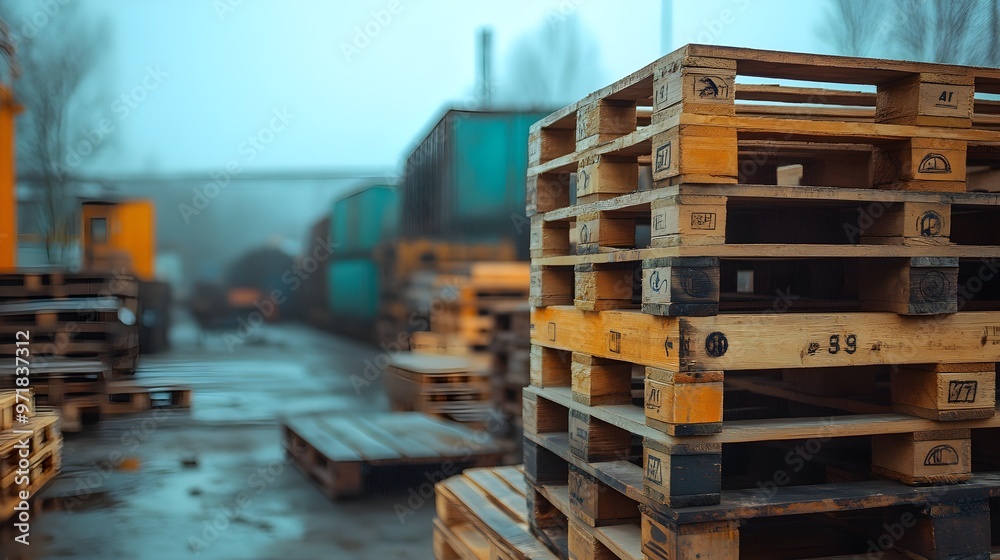 Close-up of wooden pallets in a freight yard, trains visible in the soft focus background, emphasizing texture and depth in a busy environment Close-up of wooden pallets in a freight yard, trains visible in the soft focus background, emphasizing texture and depth in a busy environment