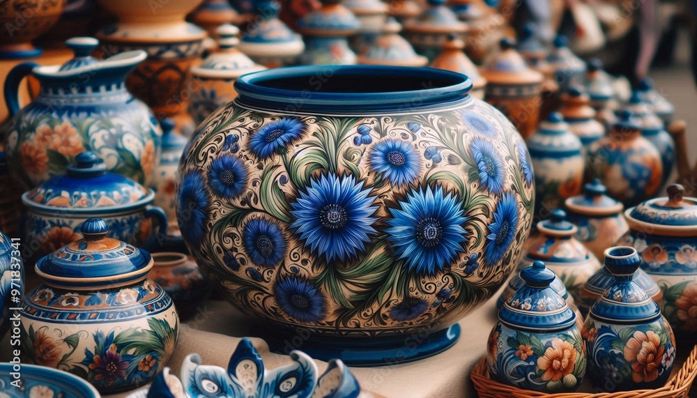 Töpferkunst mit blauen Kornblumen Töpferkunst mit blauen Kornblumen