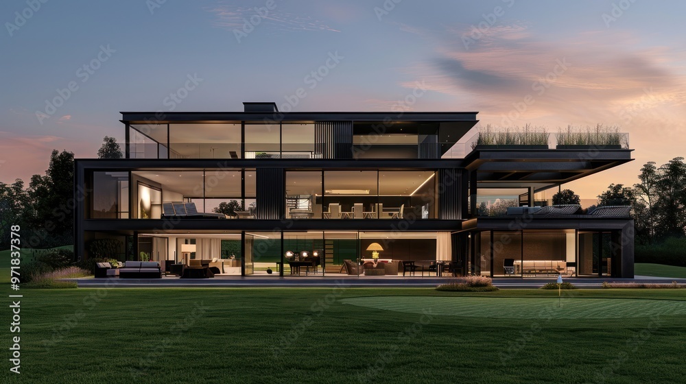 Fototapeta premium Modern Luxury Residence with a Lush Green Lawn