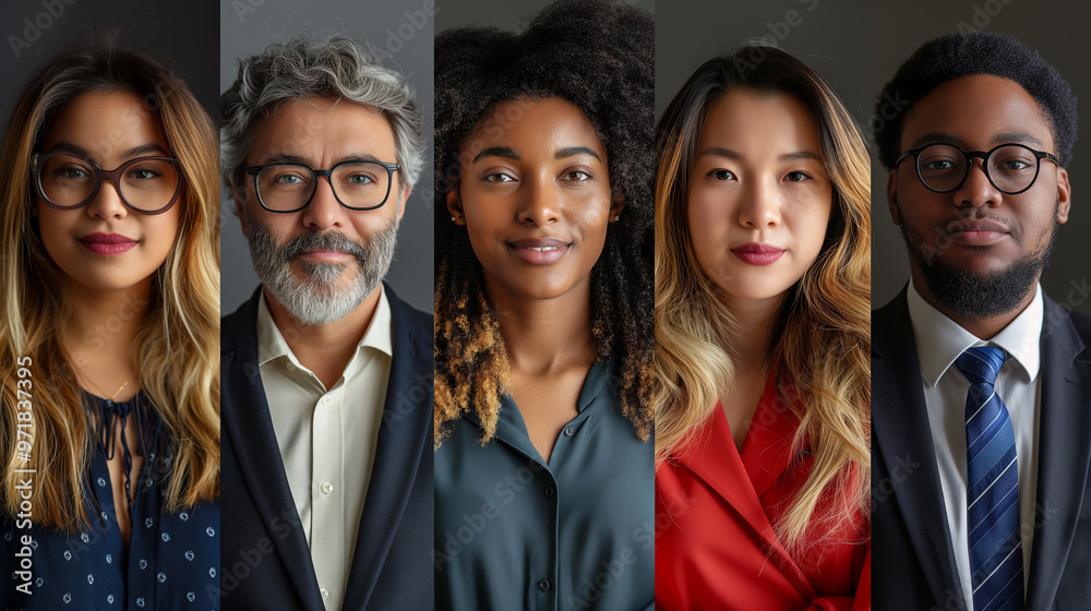 Collage of portraits of an ethnically diverse and mixed age group of focused business professionals. Generative AI Collage of portraits of an ethnically diverse and mixed age group of focused business professionals. Generative AI