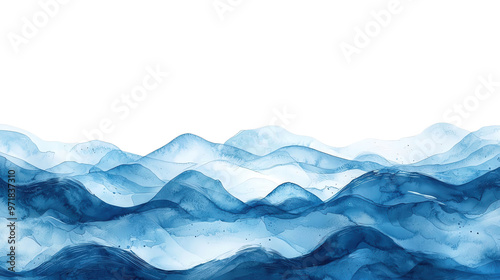 A serene abstract depiction of ocean waves in various shades of blue isolated on a white background, transparent background.