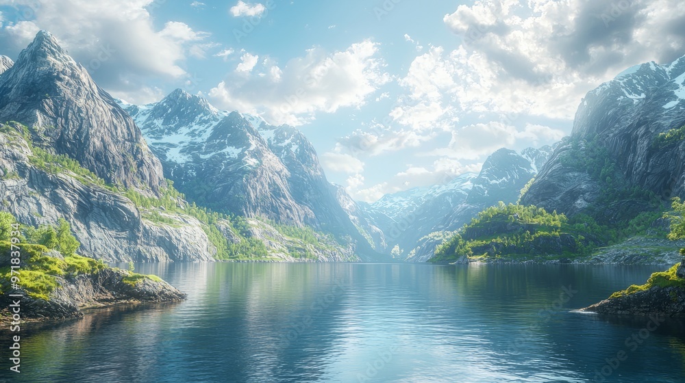 Obraz premium Scenic view of a peaceful fjord surrounded by towering mountains and calm water