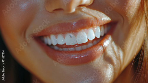 Close-up of smiling woman with a tooth gem on front tooth