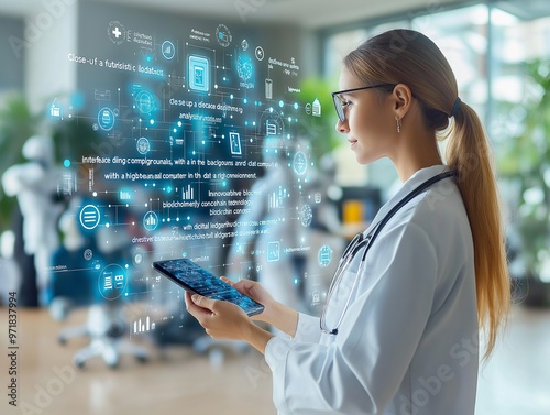 Female Professional Viewing AI Interface on Air Display and Handheld Device