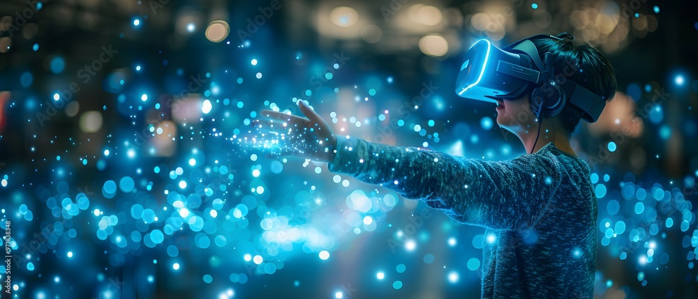 Hand reaching for blue particles. Hand reaching for blue particles.