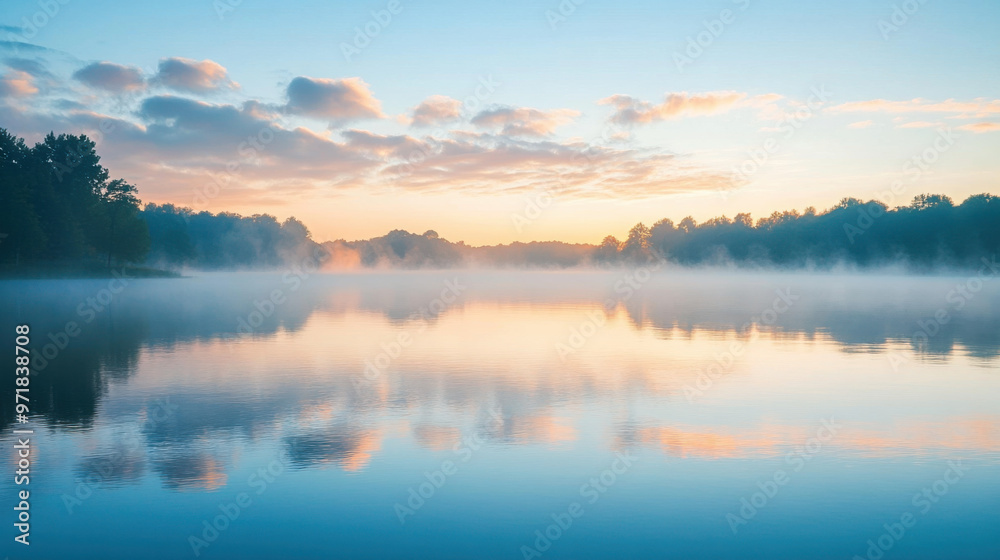 A tranquil lake at sunrise, with soft morning light reflecting off the calm water and mist gently rising from the surface. A tranquil lake at sunrise, with soft morning light reflecting off the calm water and mist gently rising from the surface.
