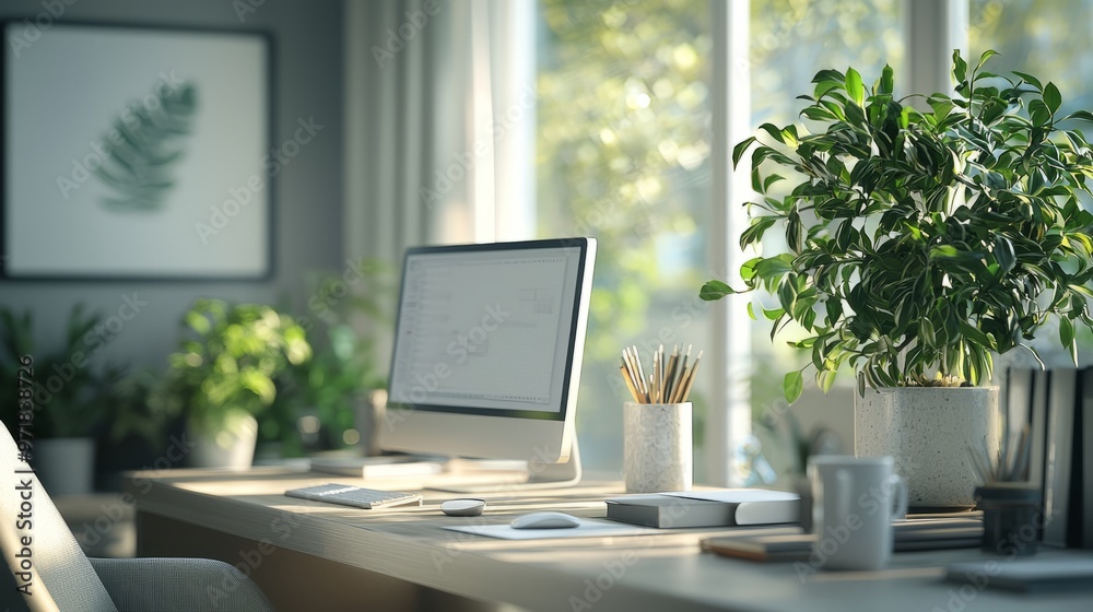 Fototapeta premium Modern home office desk setup with plants and natural lighting