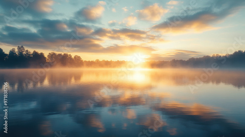 A tranquil lake at sunrise, with soft morning light reflecting off the calm water and mist gently rising from the surface.