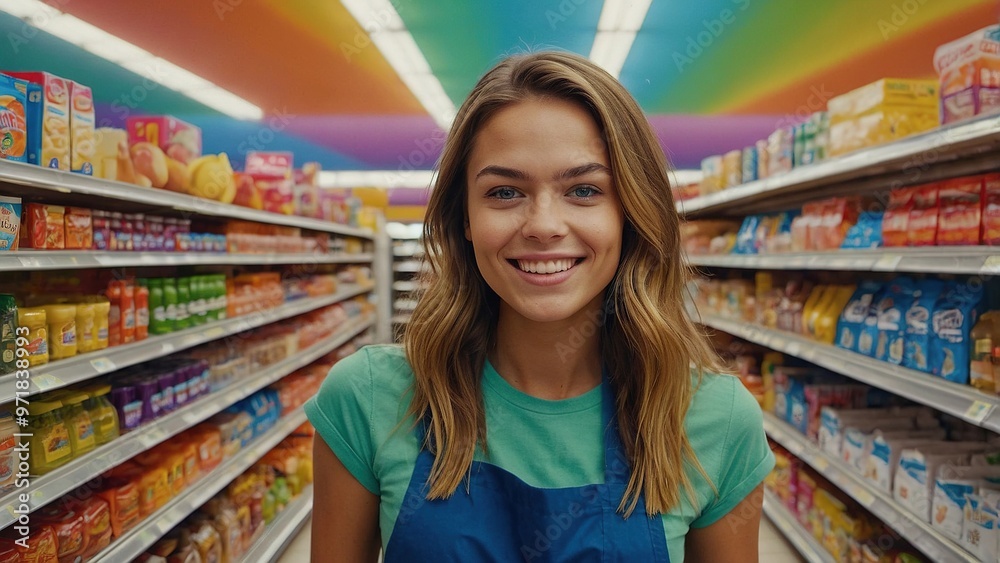 A friendly seller poses in a vibrant grocery store filled with fresh produce during a busy afternoon A friendly seller poses in a vibrant grocery store filled with fresh produce during a busy afternoon