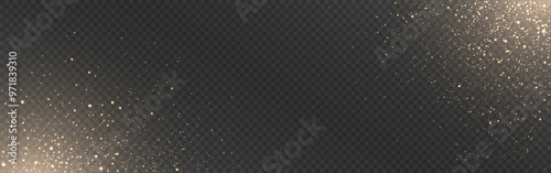 Gold glitter. Christmas particles effect. Magic dust with light for banner, brochure or website. Holiday firework with bright sparks. Gold glowing stardust. Vector illustration.