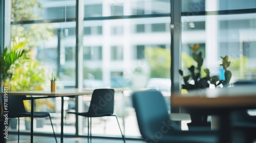 Beautifully blurred background of a modern meeting room with panoramic windows, capturing the sleek and professional atmosphere, perfect for business, corporate environments, collaborative workspaces