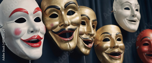 A Row of Smiling Masks Modern theatrical masks featuring bold colors and abstract designs, theater, performance, drama, art,