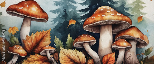 Magical Watercolor Mushrooms Forest Autumn Decor Greeting Cards Social Media Banners Panorama