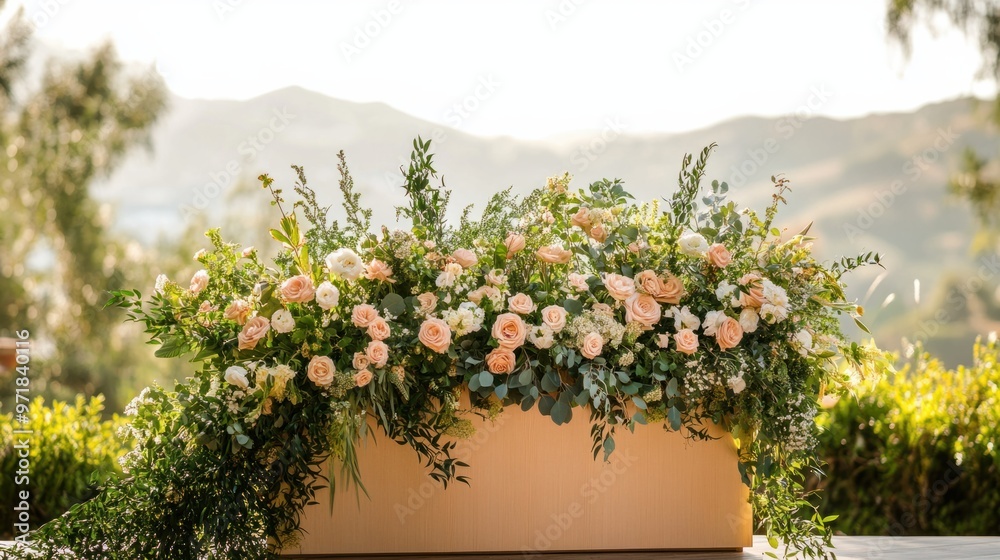 A podium decorated with greenery and flowers for an outdoor wedding ceremony, with a scenic view behind it. A podium decorated with greenery and flowers for an outdoor wedding ceremony, with a scenic view behind it.