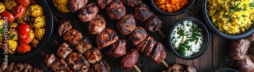 A Brazilian churrasco barbecue with skewers of meat grilling over an open flame, surrounded by vibrant side dishes, Brazilian BBQ, meat lover s feast photo