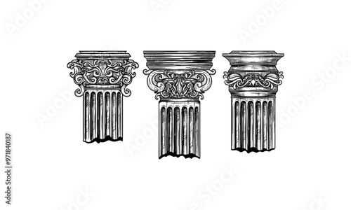 Hand-Drawn Illustration of Three Ornate Column Capitals