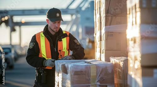 Customs officer inspecting cargo at a border checkpoint, Border Control, security in international trade and the importexport industry