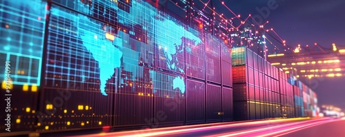 Quantum computers analyzing global trade data with a digital interface, Trade Analytics, nextgen computing for optimizing importexport strategies photo