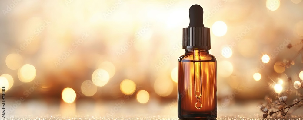 A highend serum bottle with a delicate sparkle effect in the background, copy space on the left
