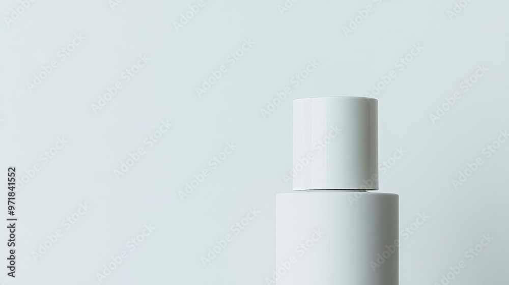 Closeup of a skincare bottle with a white, minimalist background and ample copy space at the bottom Closeup of a skincare bottle with a white, minimalist background and ample copy space at the bottom