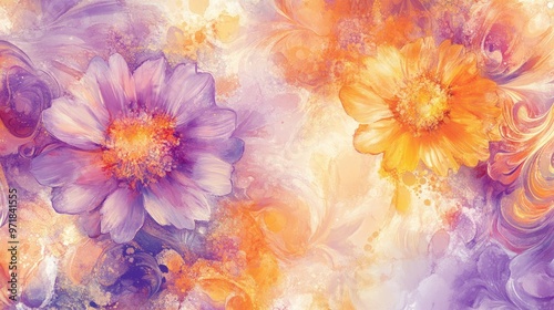 Soft, swirling floral patterns in light purple, orange, and yellow, with intricate watercolor textures and abstract details for a vibrant, dreamy atmosphere