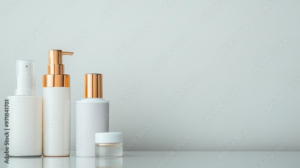 Highend beauty products arranged on a reflective surface with a clean background, copy space on the top left Highend beauty products arranged on a reflective surface with a clean background, copy space on the top left