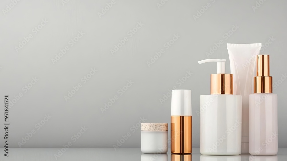 Highend beauty products arranged on a reflective surface with a clean background, copy space on the top left Highend beauty products arranged on a reflective surface with a clean background, copy space on the top left