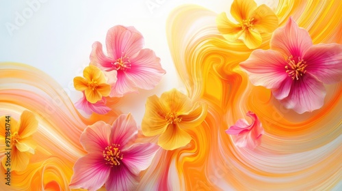 Swirling patterns with vibrant flowers in yellow, orange, and pink, forming an intricate abstract composition against a white background