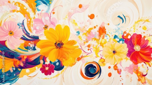 Swirling patterns with vibrant flowers in yellow, orange, and pink, forming an intricate abstract composition against a white background