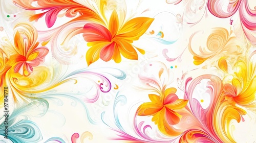 Vibrant abstract design featuring intricate swirling flowers in yellow, orange, and pink, set against a clean white background