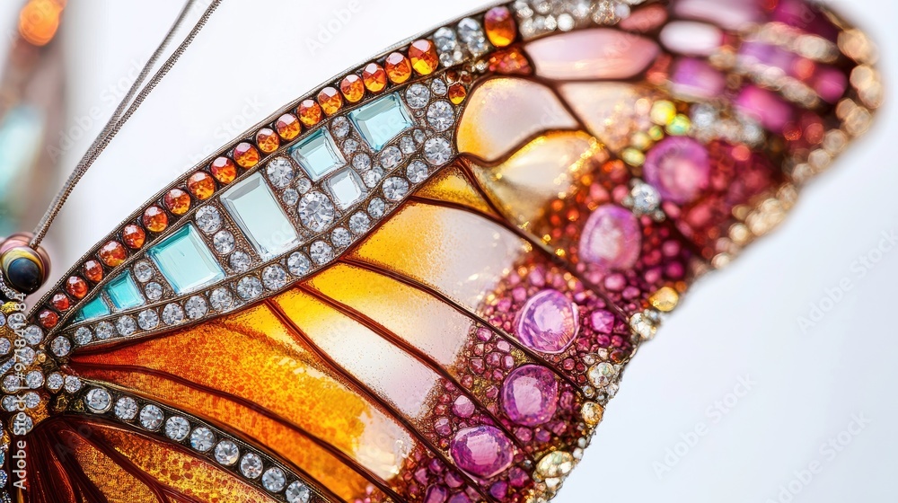 Obraz premium Vibrant close-up of butterfly wings decorated with shimmering diamonds and intricate jewelry, creating an abstract design on a white background