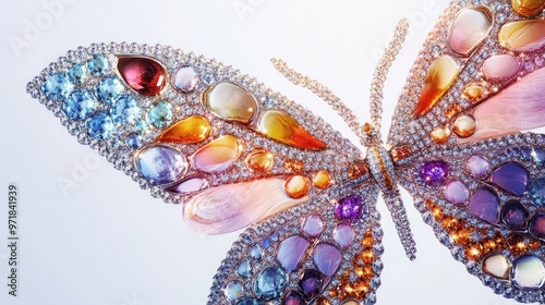 Vibrant close-up of a butterfly with wings detailed in luxurious jewelry and diamonds, creating an abstract, shimmering effect on a white background