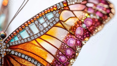 Vibrant close-up of butterfly wings decorated with shimmering diamonds and intricate jewelry, creating an abstract design on a white background photo