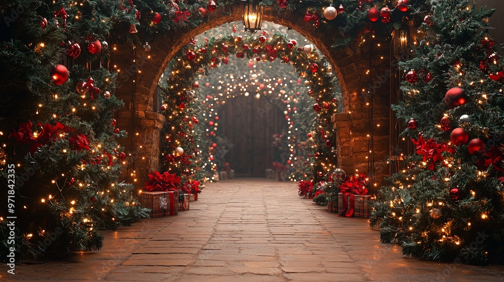 Fototapeta premium Festive Christmas Archway with Lights and Decorations