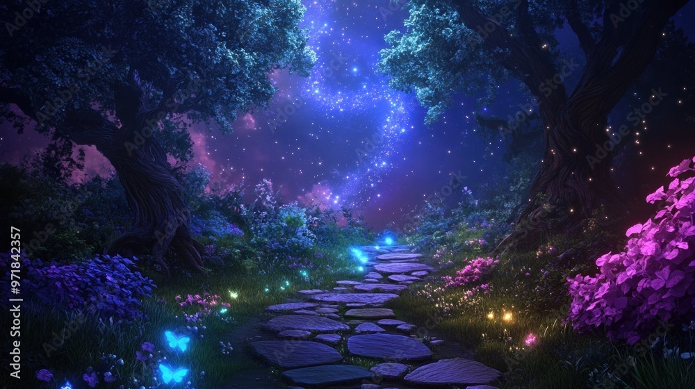 Fototapeta premium Magical forest pathway under starry night sky, glowing flowers and butterflies, fantasy scenery.