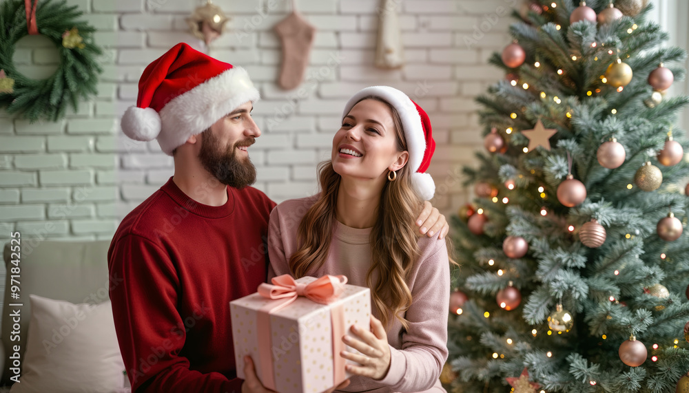 A happy couple in Santa hats shares a joyful moment while holding a beautifully wrapped gift by a decorated Christmas tree. Ideal for holiday marketing, greeting cards, and festive promotions A happy couple in Santa hats shares a joyful moment while holding a beautifully wrapped gift by a decorated Christmas tree. Ideal for holiday marketing, greeting cards, and festive promotions