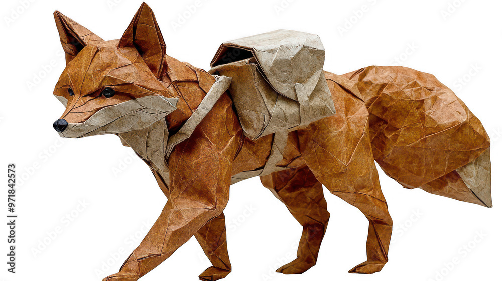 Fototapeta premium Whimsical Fox Paper Model with Backpack