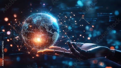 AI robot hand holding a glowing Earth while human fingers navigate a touchscreen of virtual data connections on a futuristic background photo