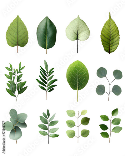 Diverse Tree and Leaf Illustrations in Various Shapes and Colors.