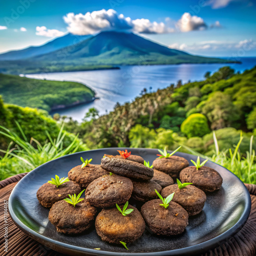 mountain in autumnfood, lake, landscape, chocolate, water, sky, meat, nature, mountain, dessert, view, sweet, delicious, meal, snack, brown, travel, fried, baked, tasty, park photo