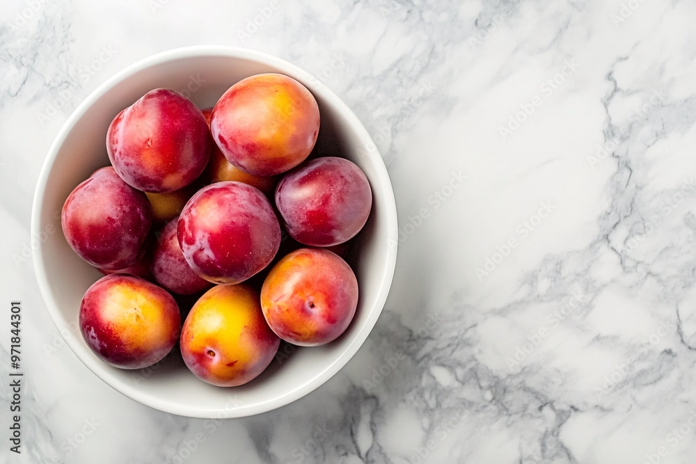 Fresh Pluots in White Bowl on Marble Background Fresh Pluots in White Bowl on Marble Background