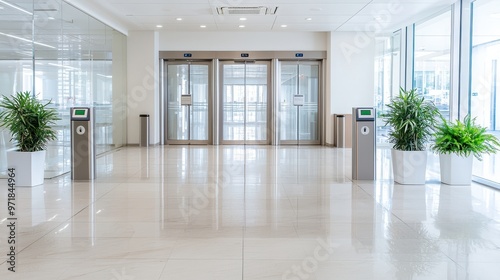 Modern Office Lobby Interior with Glass Doors and Polished Floor