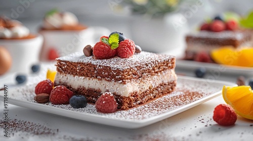 A commercial magazinestyle photo of a classic apple strudel on a white ceramic plate photo