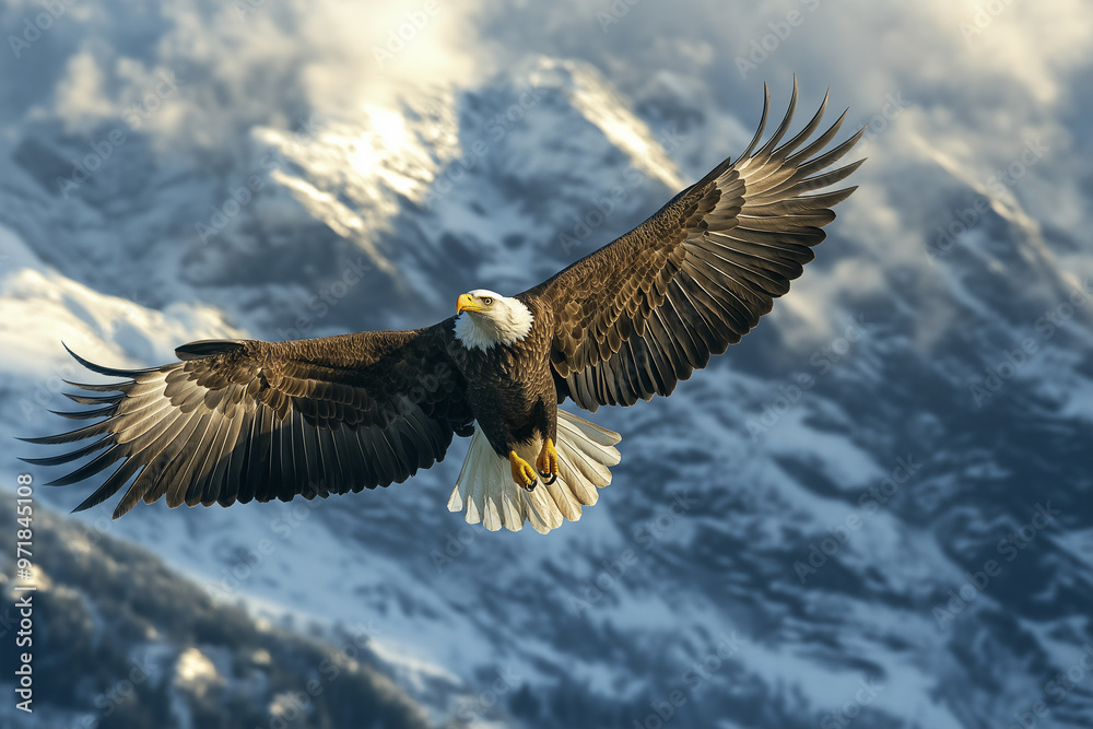 Obraz premium Majestic bald eagle soaring over mountain range, dramatic landscape