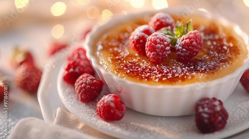 A commercial magazinestyle photo of a perfectly caramelized creme brulee served in a pristine white ceramic cup photo