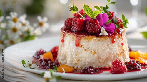 A commercial magazinestyle photo of a light and airy angel food cake on a pristine white plate photo