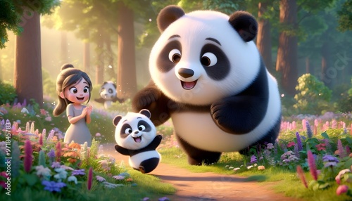 A baby girl with a baby panda in the forest, A baby girl and baby panda story, fantasy and fairytale jungle adventure, Baby Panda Rescue, Magical Forest Adventure Story. Love, cute, 3D HD images. photo