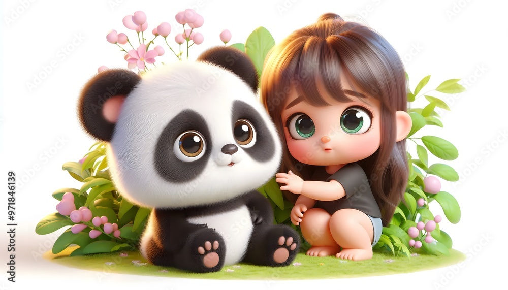 Obraz premium A cute baby girl with a baby panda in the forest, A baby girl sitting with a baby panda story, fantasy and fairytale jungle adventure, Baby Panda Rescue, Magical Forest Adventure Story. 3D HD images.