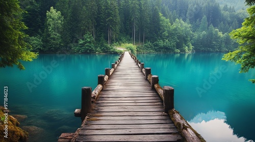 Stretching with grace, a wooden bridge spans across the calm and tranquil surface of a turquoise lake 