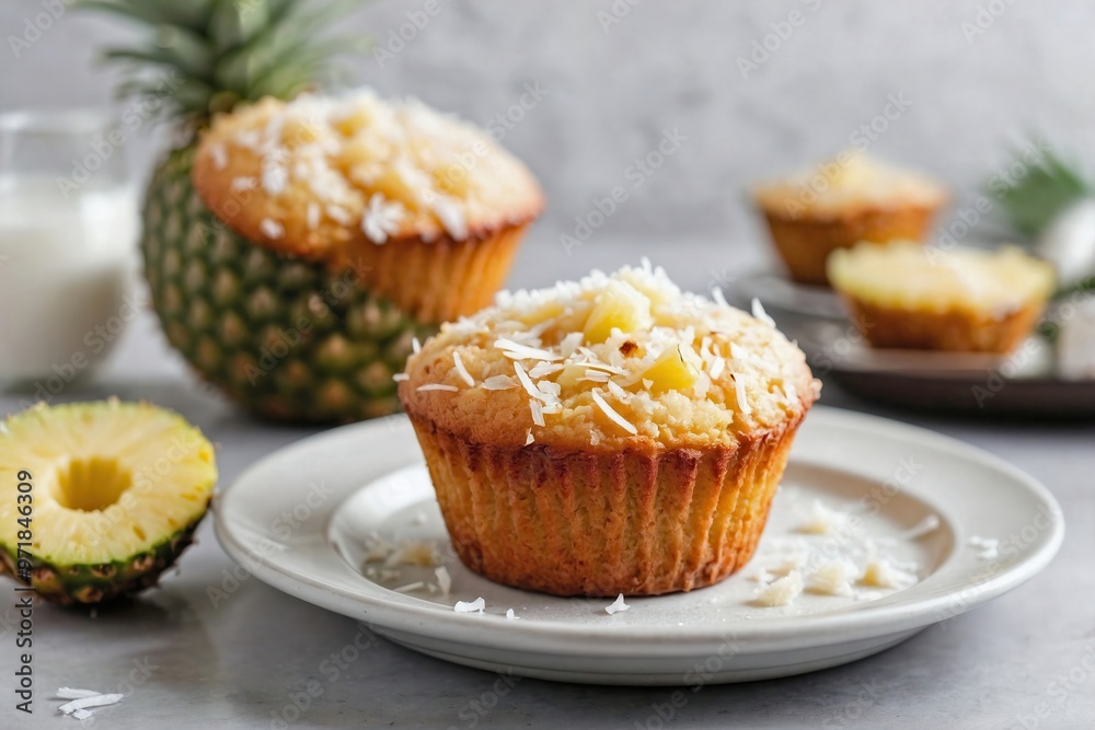 Pineapple Coconut Muffins: A single pineapple coconut muffin on a plain white plate, with visible bits of pineapple and a light dusting of coconut flakes on top. Pineapple Coconut Muffins: A single pineapple coconut muffin on a plain white plate, with visible bits of pineapple and a light dusting of coconut flakes on top.